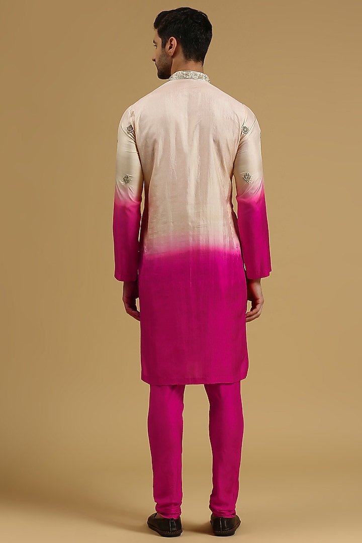 Ombre Pink Silk Hand Embroidered Kurta Set by Ayushi Maniar Men at Pernia's Pop Up Shop