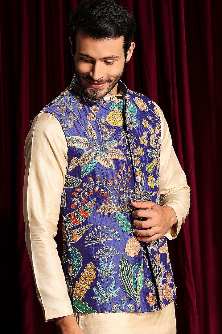 Purple Raw Silk Hand Embroidered by Ayushi Maniar Men at Pernia's Pop Up Shop
