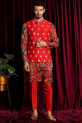Red Raw Silk Hand Embroidered Bundi Jacket by Ayushi Maniar Men