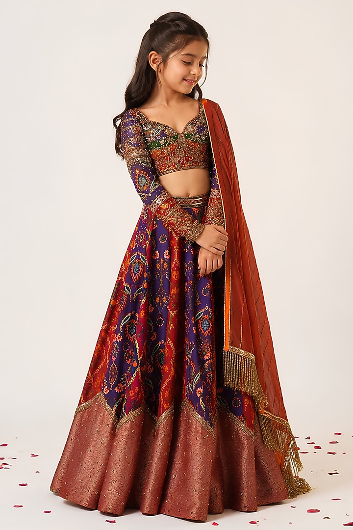 Purple & Maroon Organza Tissue Hand Embroidered Lehenga Set For Girls by Aayushi Maniar Kids at Pernia's Pop Up Shop