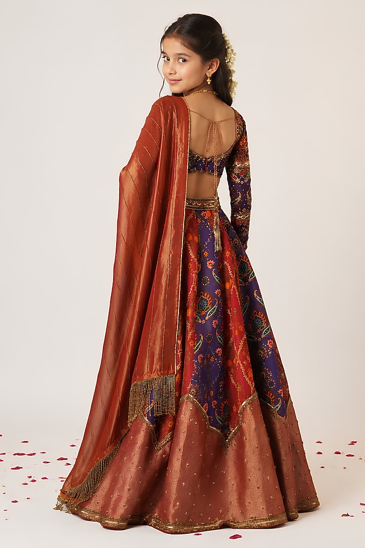 Purple & Maroon Organza Tissue Hand Embroidered Lehenga Set For Girls by Aayushi Maniar Kids at Pernia's Pop Up Shop