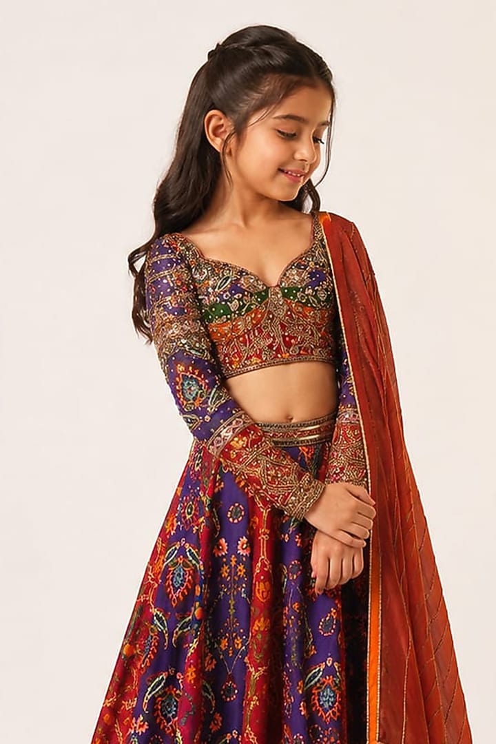 Purple & Maroon Organza Tissue Hand Embroidered Lehenga Set For Girls by Aayushi Maniar Kids at Pernia's Pop Up Shop