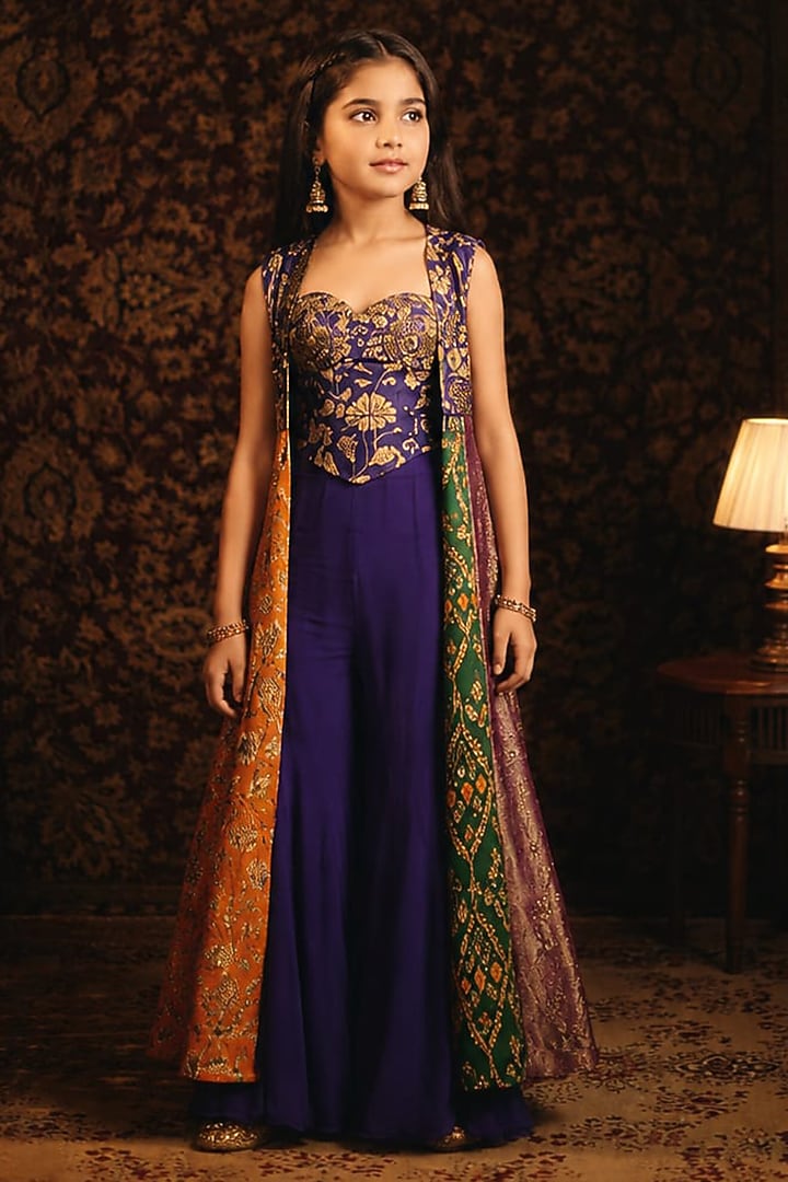 Purple Organza Tissue Hand Embroidered Jacket Set For Girls by Aayushi Maniar Kids at Pernia's Pop Up Shop