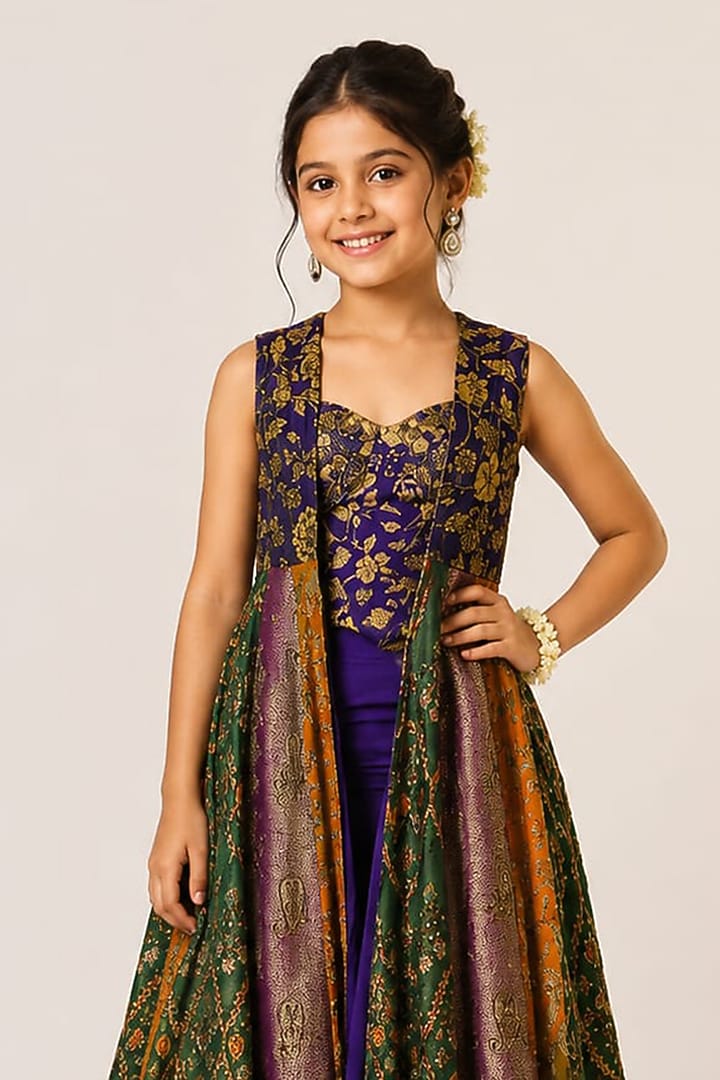 Purple Organza Tissue Hand Embroidered Jacket Set For Girls by Aayushi Maniar Kids at Pernia's Pop Up Shop