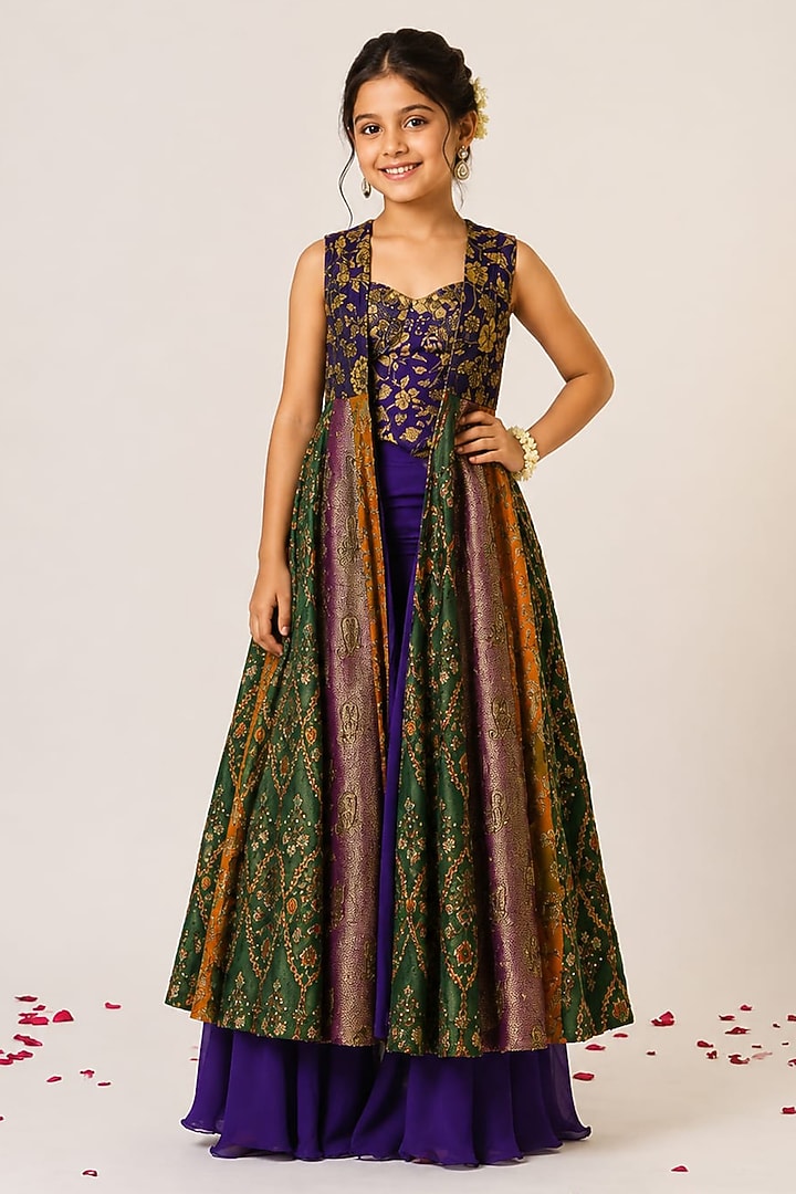 Purple Organza Tissue Hand Embroidered Jacket Set For Girls by Aayushi Maniar Kids at Pernia's Pop Up Shop
