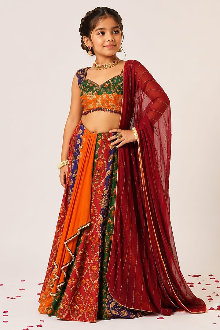 Multi-Colored Organza Hand Embroidered Lehenga Set For Girls by Aayushi Maniar Kids at Pernia's Pop Up Shop