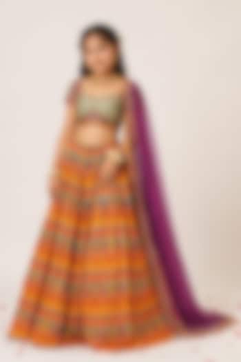 Mustard Yellow Organza Tissue Hand Embroidered Lehenga Set For Girls by Aayushi Maniar Kids at Pernia's Pop Up Shop