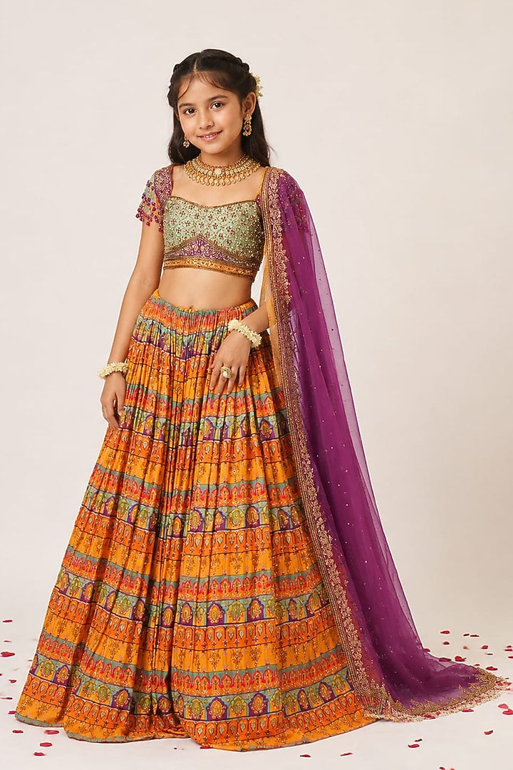 Mustard Yellow Organza Tissue Hand Embroidered Lehenga Set For Girls by Aayushi Maniar Kids at Pernia's Pop Up Shop