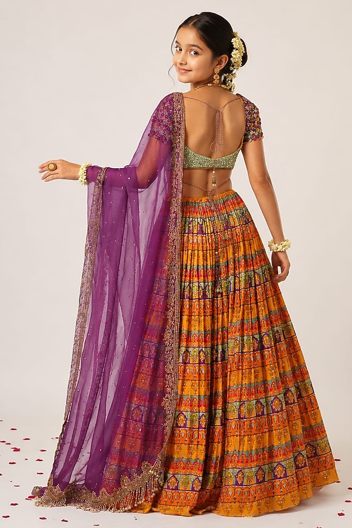 Mustard Yellow Organza Tissue Hand Embroidered Lehenga Set For Girls by Aayushi Maniar Kids at Pernia's Pop Up Shop