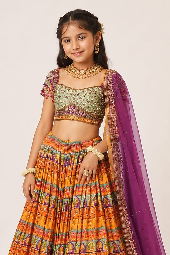 Mustard Yellow Organza Tissue Hand Embroidered Lehenga Set For Girls by Aayushi Maniar Kids at Pernia's Pop Up Shop