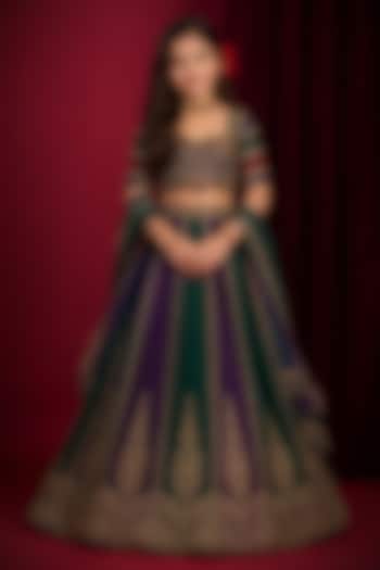 Purple & Green Raw Silk Hand Embroidered Lehenga Set For Girls by Aayushi Maniar Kids at Pernia's Pop Up Shop