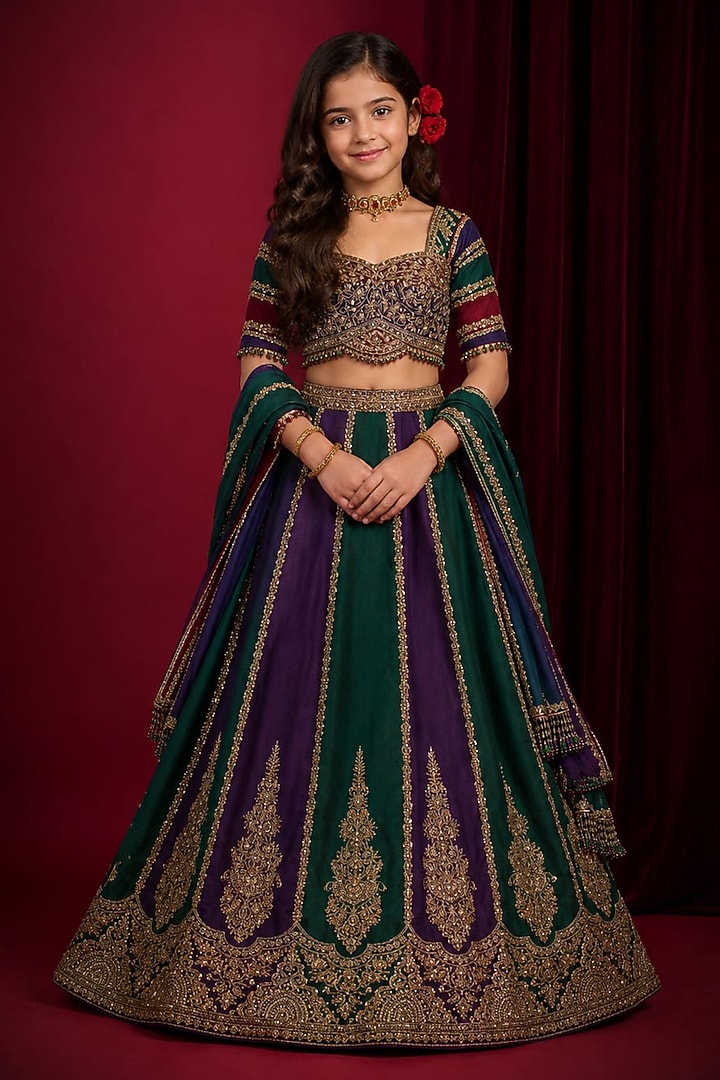 Purple & Green Raw Silk Hand Embroidered Lehenga Set For Girls by Aayushi Maniar Kids at Pernia's Pop Up Shop
