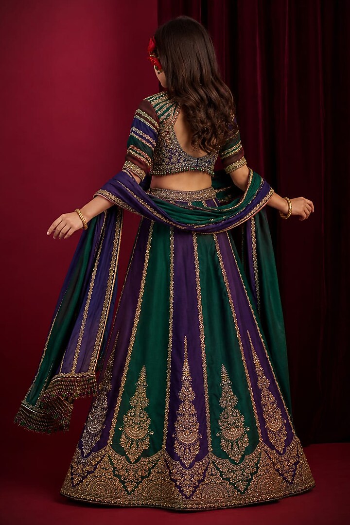 Purple & Green Raw Silk Hand Embroidered Lehenga Set For Girls by Aayushi Maniar Kids at Pernia's Pop Up Shop