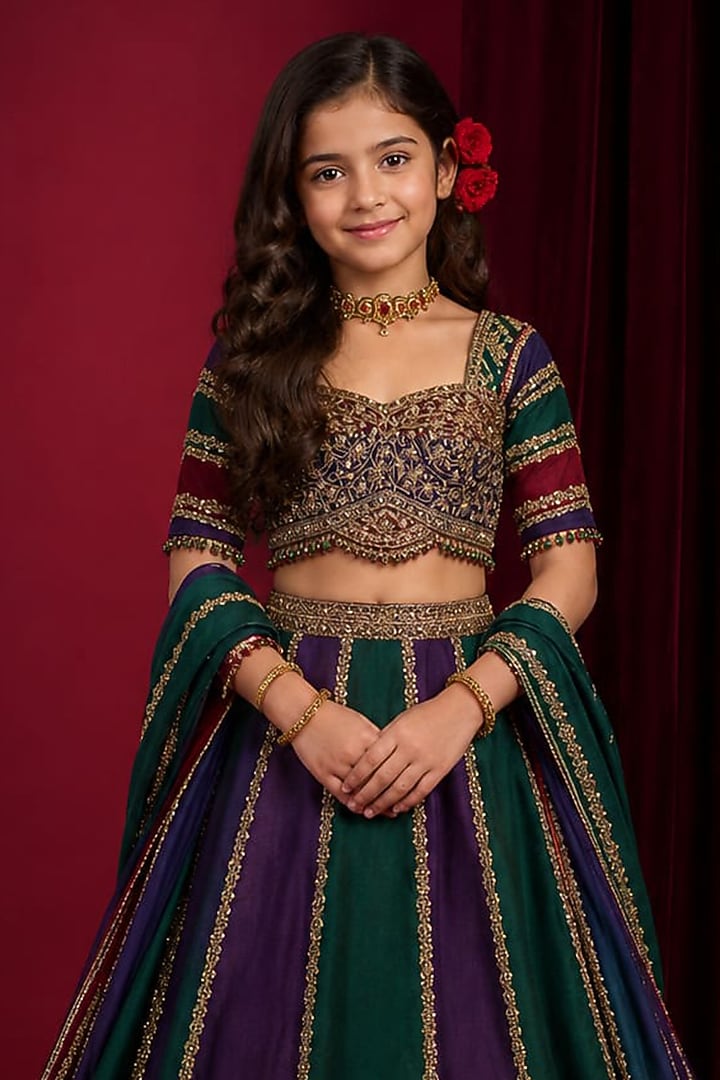 Purple & Green Raw Silk Hand Embroidered Lehenga Set For Girls by Aayushi Maniar Kids at Pernia's Pop Up Shop