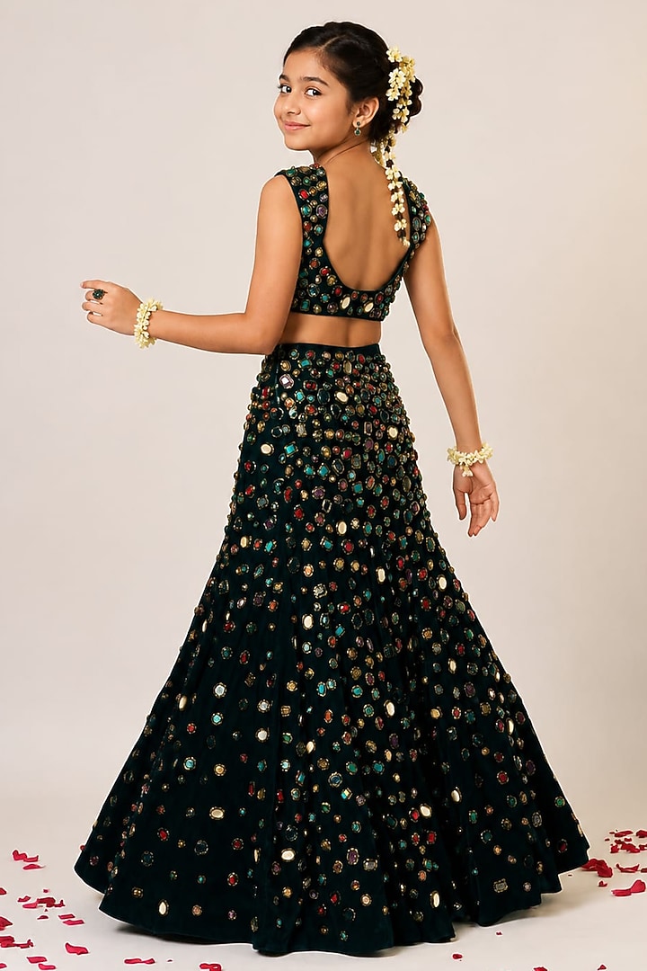 Emerald Green Velvet Hand Embroidered Lehenga Set For Girls by Aayushi Maniar Kids at Pernia's Pop Up Shop