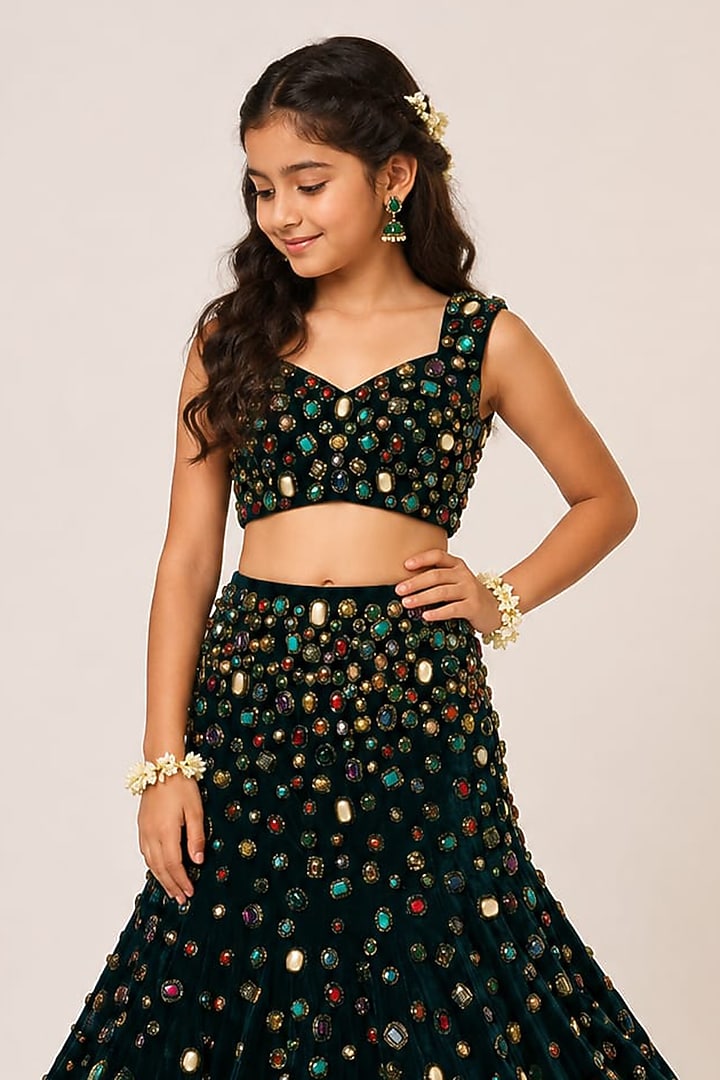 Emerald Green Velvet Hand Embroidered Lehenga Set For Girls by Aayushi Maniar Kids at Pernia's Pop Up Shop