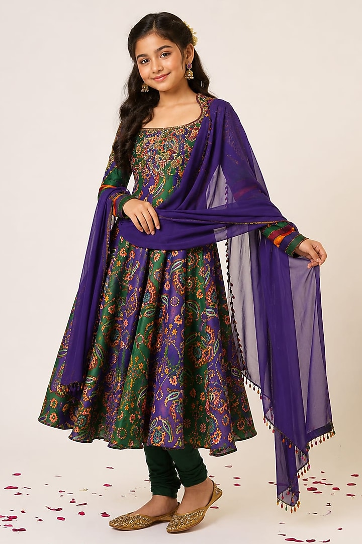 Purple Organza Tissue Hand Embroidered Anarkali Set For Girls by Aayushi Maniar Kids at Pernia's Pop Up Shop