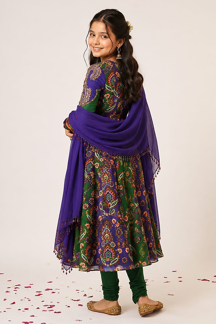 Purple Organza Tissue Hand Embroidered Anarkali Set For Girls by Aayushi Maniar Kids at Pernia's Pop Up Shop