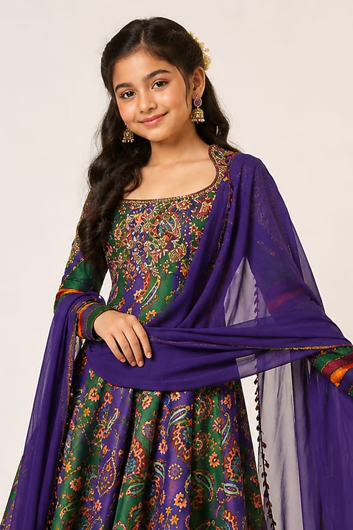 Purple Organza Tissue Hand Embroidered Anarkali Set For Girls by Aayushi Maniar Kids at Pernia's Pop Up Shop