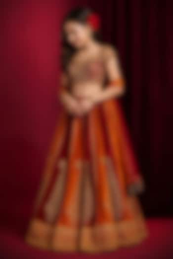 Orange & Deep Red Raw Silk Hand Embroidered Lehenga Set For Girls by Aayushi Maniar Kids at Pernia's Pop Up Shop