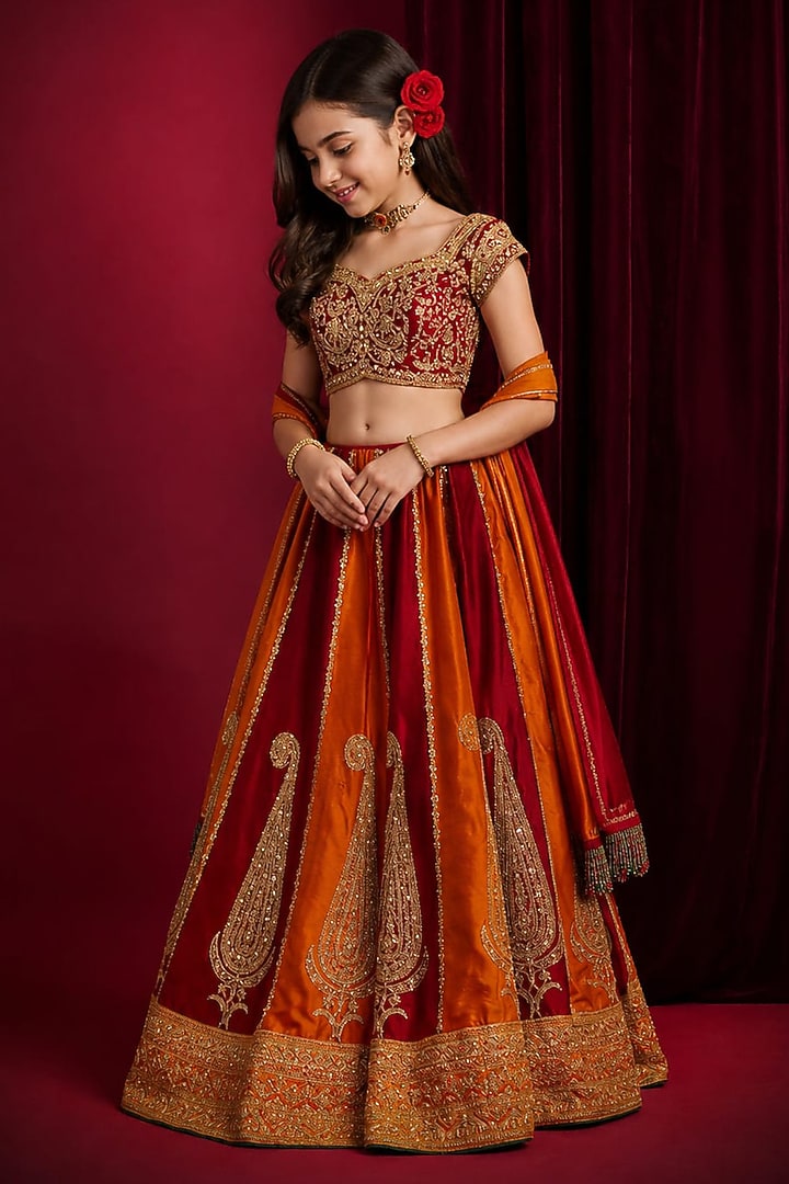 Orange & Deep Red Raw Silk Hand Embroidered Lehenga Set For Girls by Aayushi Maniar Kids at Pernia's Pop Up Shop