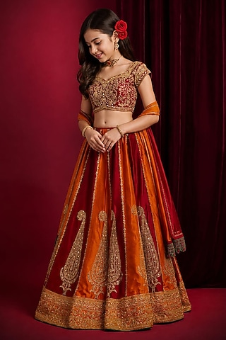 Orange & Deep Red Raw Silk Hand Embroidered Lehenga Set For Girls by Aayushi Maniar Kids