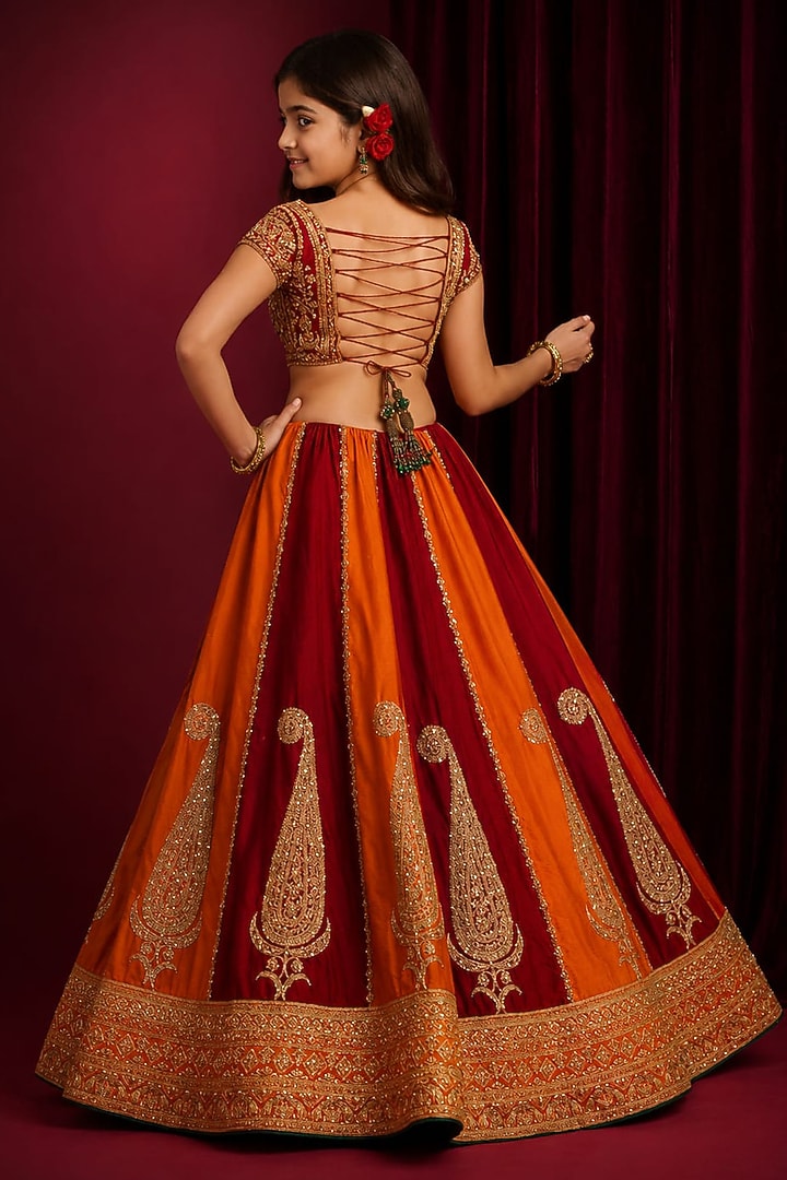 Orange & Deep Red Raw Silk Hand Embroidered Lehenga Set For Girls by Aayushi Maniar Kids at Pernia's Pop Up Shop