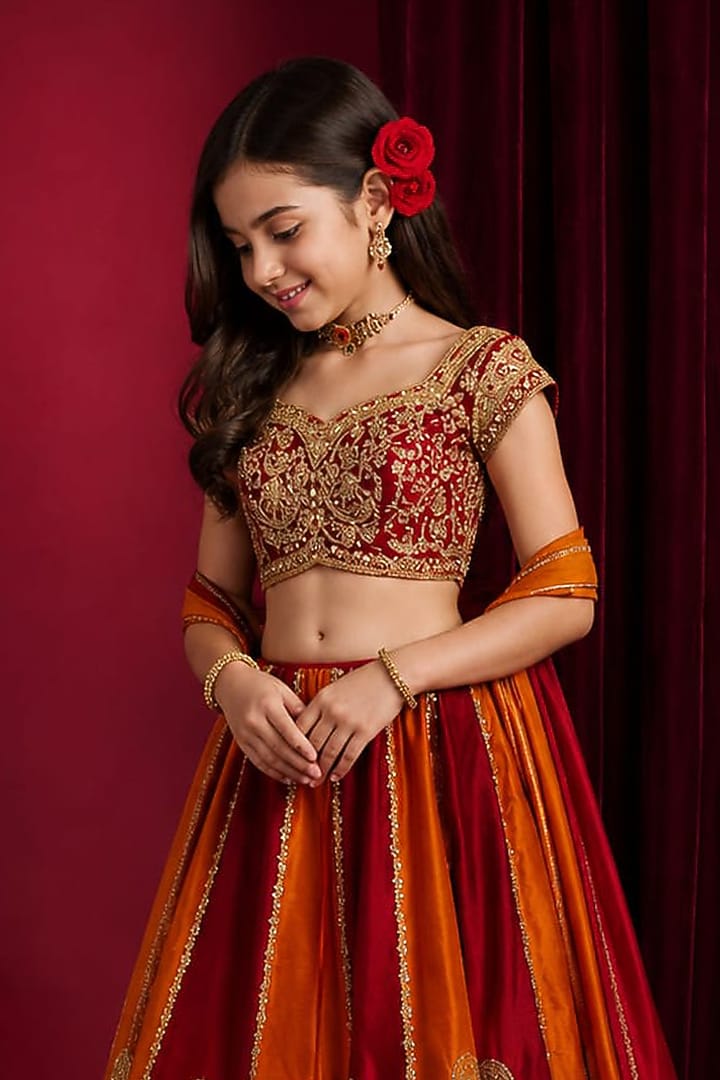 Orange & Deep Red Raw Silk Hand Embroidered Lehenga Set For Girls by Aayushi Maniar Kids at Pernia's Pop Up Shop