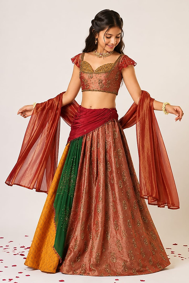 Multi-Colored Organza Tissue Hand Embroidered Lehenga Set For Girls by Aayushi Maniar Kids at Pernia's Pop Up Shop