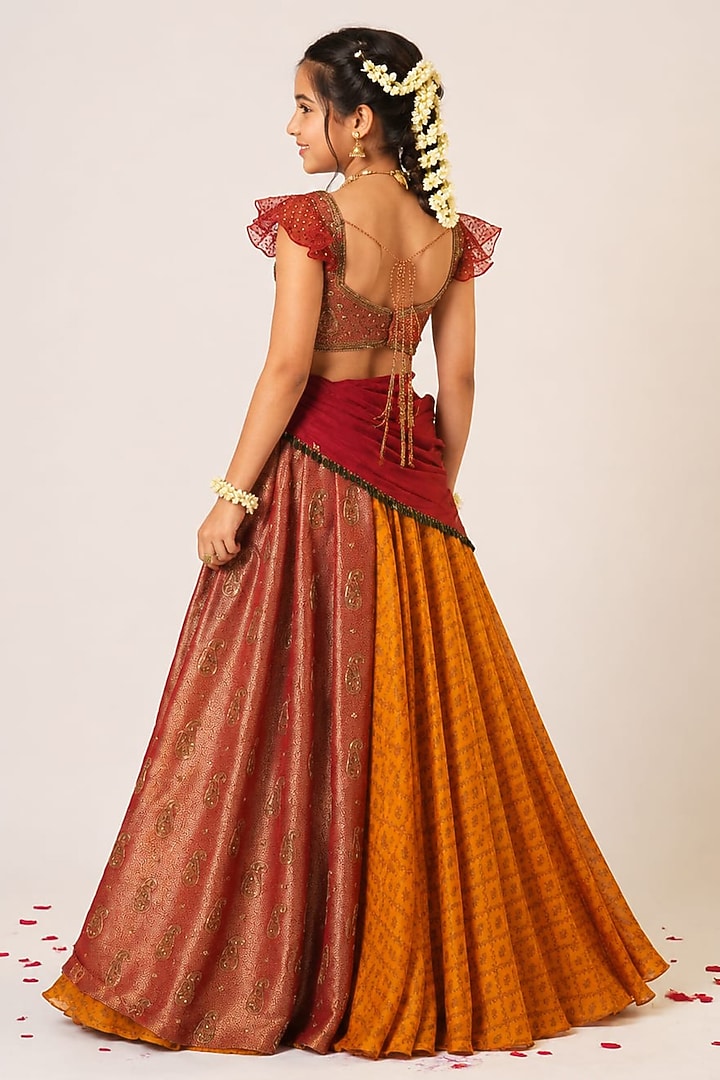 Multi-Colored Organza Tissue Hand Embroidered Lehenga Set For Girls by Aayushi Maniar Kids at Pernia's Pop Up Shop