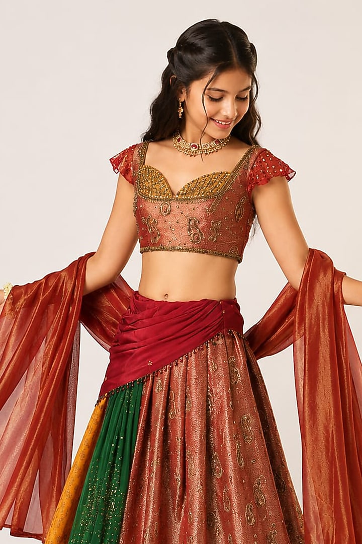 Multi-Colored Organza Tissue Hand Embroidered Lehenga Set For Girls by Aayushi Maniar Kids at Pernia's Pop Up Shop