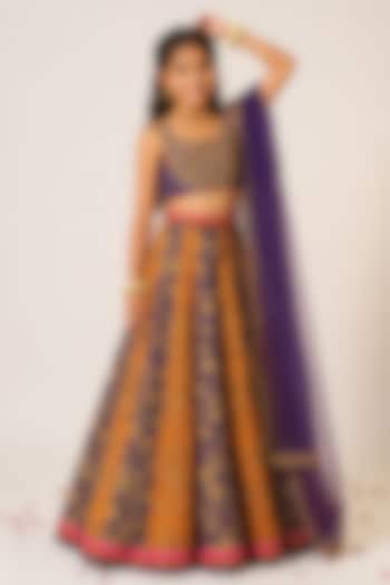 Purple & Mustard Organza Tissue Hand Embroidered Lehenga Set For Girls by Aayushi Maniar Kids at Pernia's Pop Up Shop