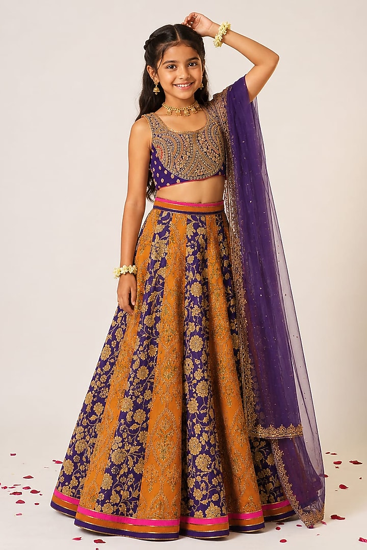 Purple & Mustard Organza Tissue Hand Embroidered Lehenga Set For Girls by Aayushi Maniar Kids at Pernia's Pop Up Shop