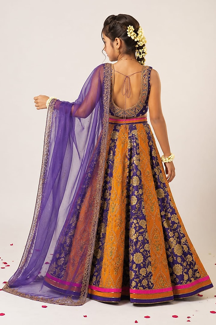 Purple & Mustard Organza Tissue Hand Embroidered Lehenga Set For Girls by Aayushi Maniar Kids at Pernia's Pop Up Shop