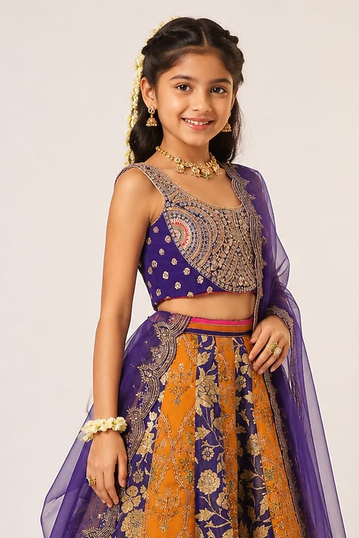 Purple & Mustard Organza Tissue Hand Embroidered Lehenga Set For Girls by Aayushi Maniar Kids at Pernia's Pop Up Shop