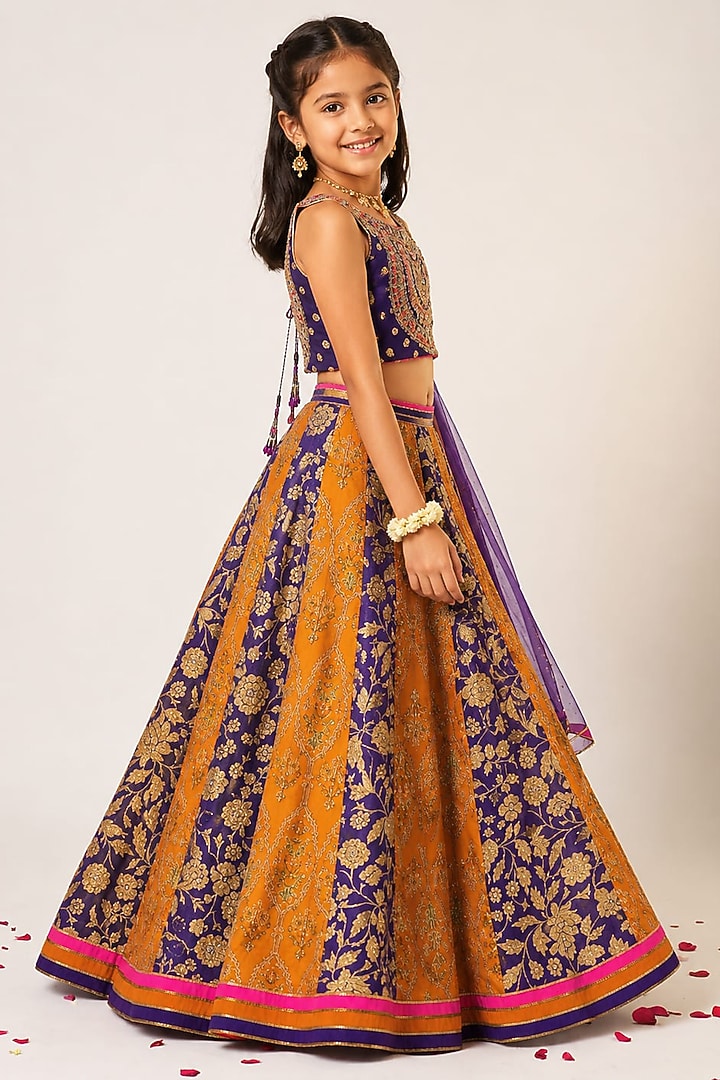 Purple & Mustard Organza Tissue Hand Embroidered Lehenga Set For Girls by Aayushi Maniar Kids at Pernia's Pop Up Shop