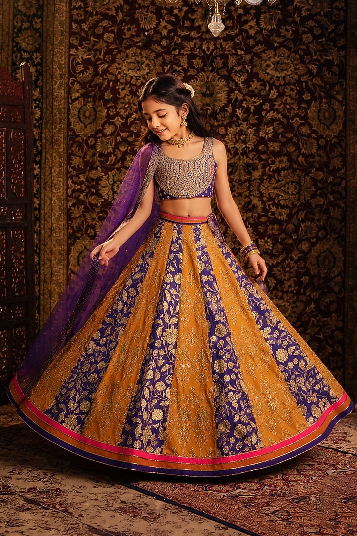 Purple & Mustard Organza Tissue Hand Embroidered Lehenga Set For Girls by Aayushi Maniar Kids at Pernia's Pop Up Shop