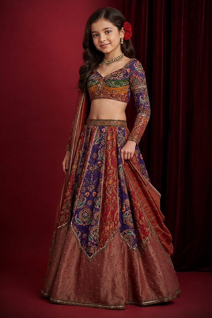 Purple & Maroon Organza Tissue Hand Embroidered Lehenga Set For Girls by Aayushi Maniar Kids at Pernia's Pop Up Shop