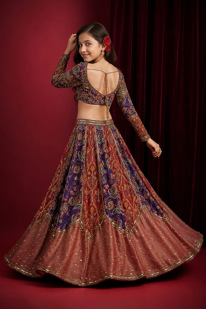 Purple & Maroon Organza Tissue Hand Embroidered Lehenga Set For Girls by Aayushi Maniar Kids at Pernia's Pop Up Shop
