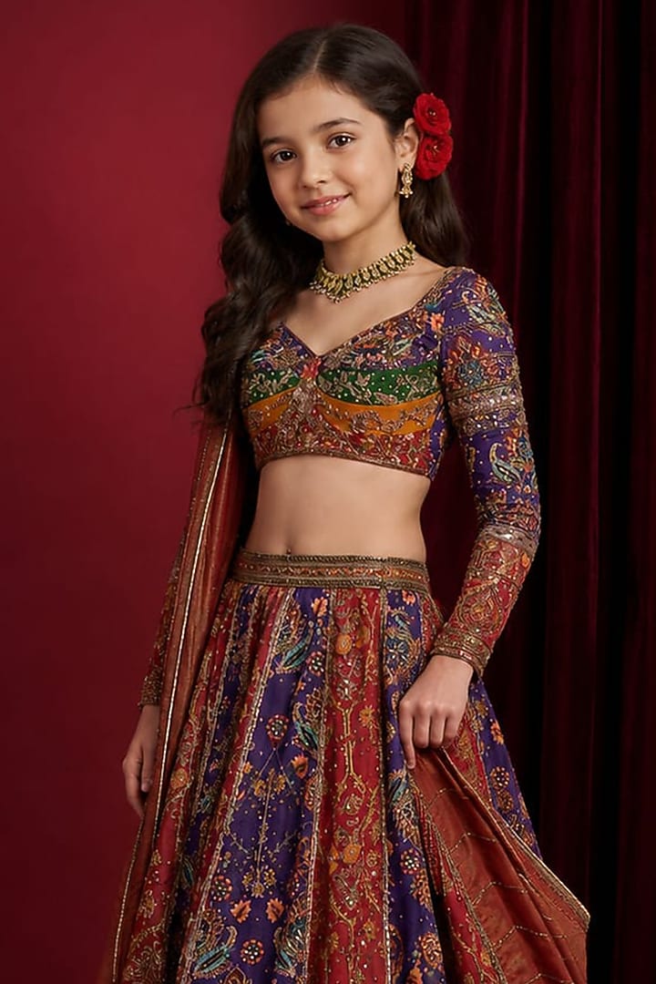 Purple & Maroon Organza Tissue Hand Embroidered Lehenga Set For Girls by Aayushi Maniar Kids at Pernia's Pop Up Shop