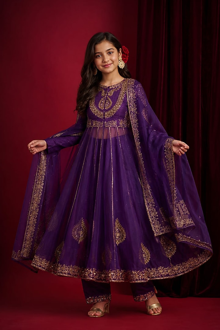 Purple Raw Silk Hand Embroidered Anarkali Set For Girls by Aayushi Maniar Kids at Pernia's Pop Up Shop