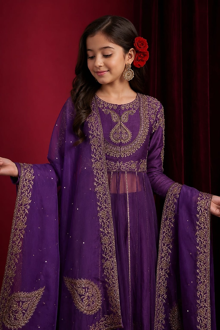 Purple Raw Silk Hand Embroidered Anarkali Set For Girls by Aayushi Maniar Kids at Pernia's Pop Up Shop