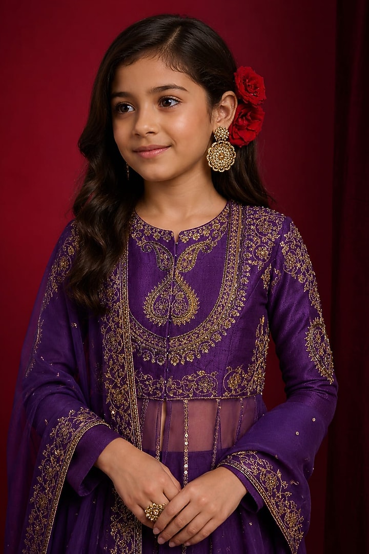 Purple Raw Silk Hand Embroidered Anarkali Set For Girls by Aayushi Maniar Kids at Pernia's Pop Up Shop