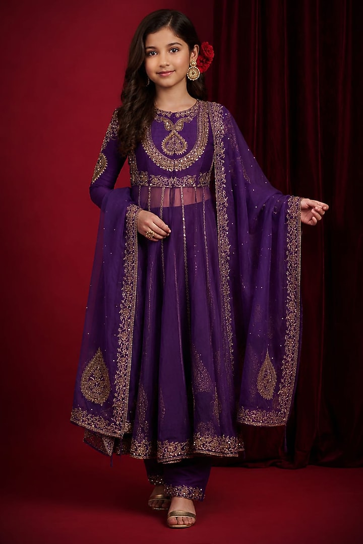 Purple Raw Silk Hand Embroidered Anarkali Set For Girls by Aayushi Maniar Kids at Pernia's Pop Up Shop
