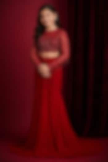 Red Soft Net & Georgette Lehenga Set For Girls by Aayushi Maniar Kids at Pernia's Pop Up Shop