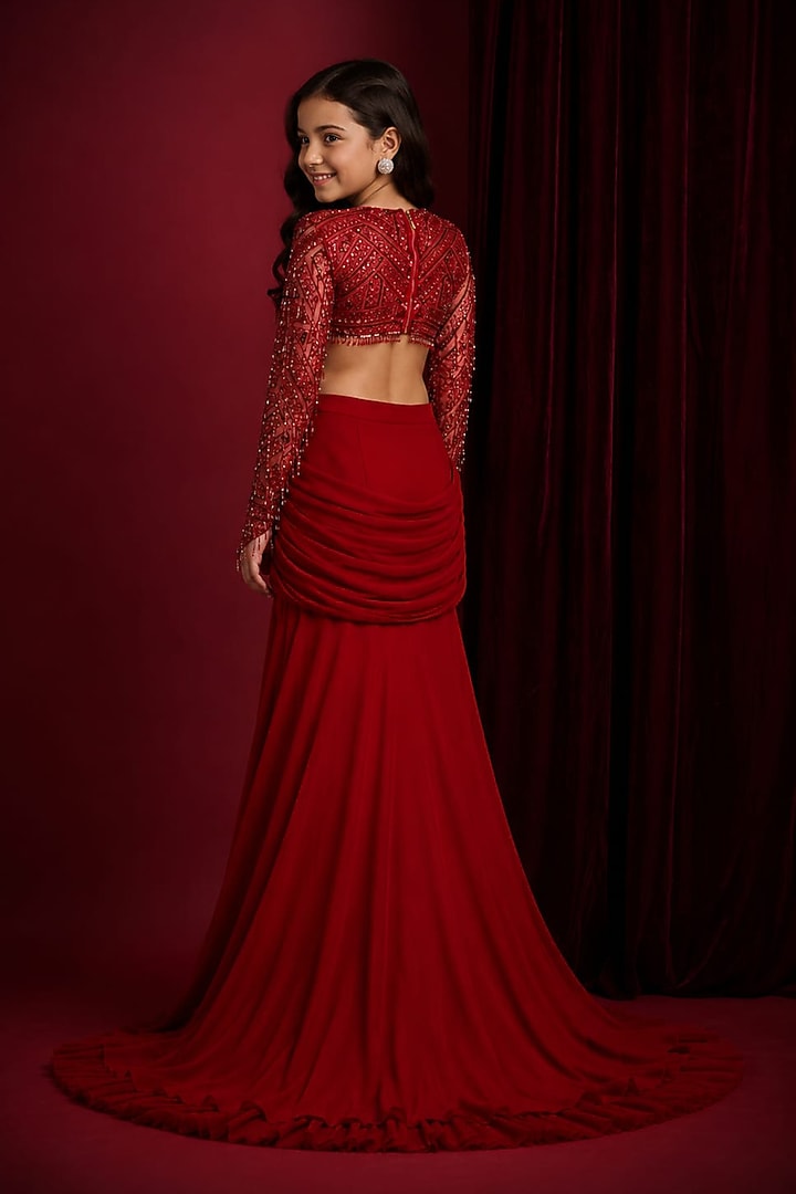 Red Soft Net & Georgette Lehenga Set For Girls by Aayushi Maniar Kids at Pernia's Pop Up Shop