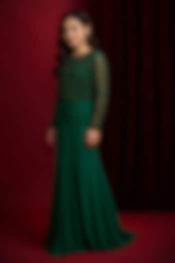 Green Soft Net & Georgette Lehenga Set For Girls by Aayushi Maniar Kids at Pernia's Pop Up Shop