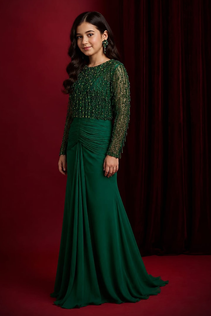 Green Soft Net & Georgette Lehenga Set For Girls by Aayushi Maniar Kids at Pernia's Pop Up Shop