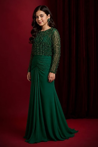 Green Soft Net & Georgette Lehenga Set For Girls by Aayushi Maniar Kids