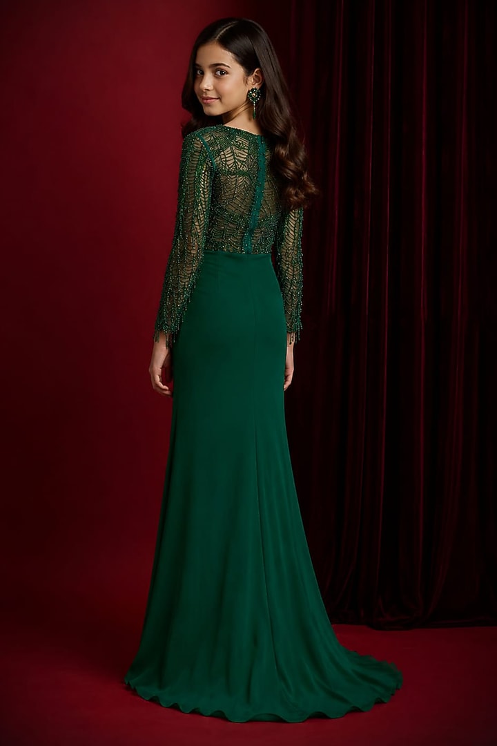 Green Soft Net & Georgette Lehenga Set For Girls by Aayushi Maniar Kids at Pernia's Pop Up Shop